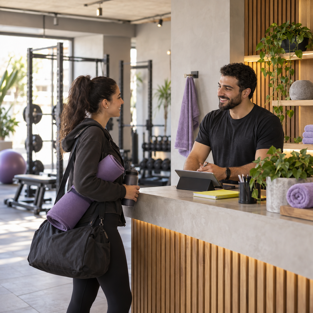 A gym owner and member reviewing a plan at the reception desk.